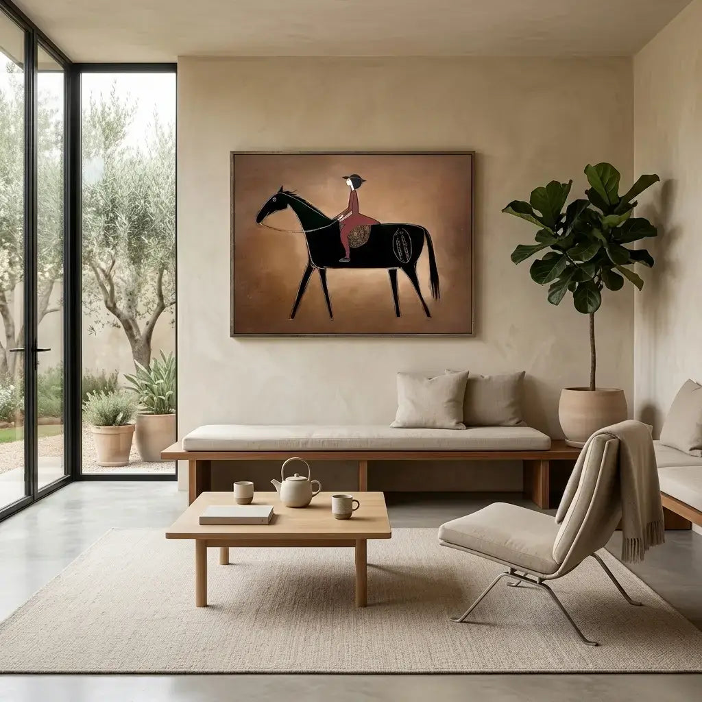 Modern living room with a horse painting on the wall, wooden coffee table, and comfortable seating.
