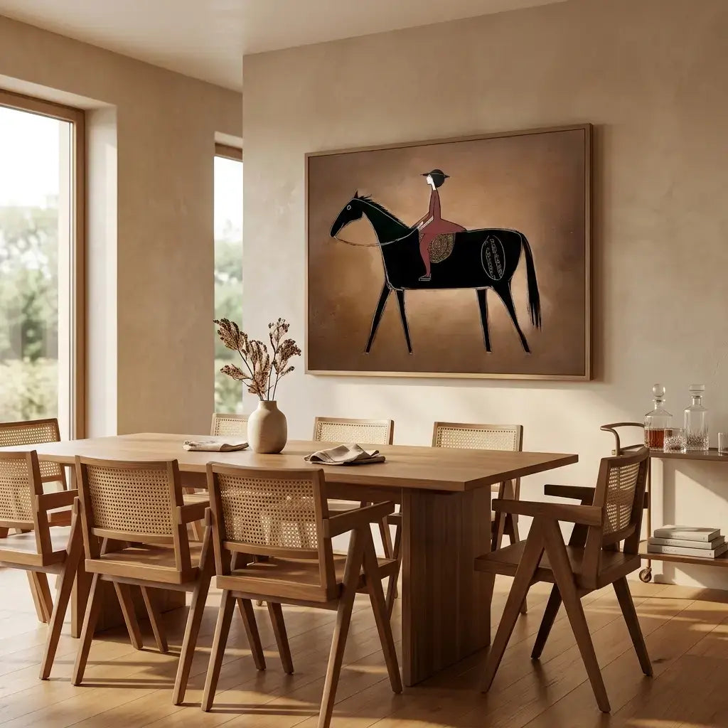 Dining room with wooden table and chairs, featuring a large framed painting of a horse and rider on the wall.
