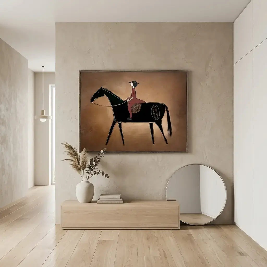 Modern interior with a painting of a person on a horse, a vase, and a mirror.