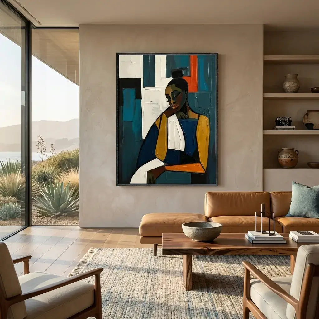 Modern living room with a large abstract painting on the wall, brown leather sofa, and wooden coffee table.