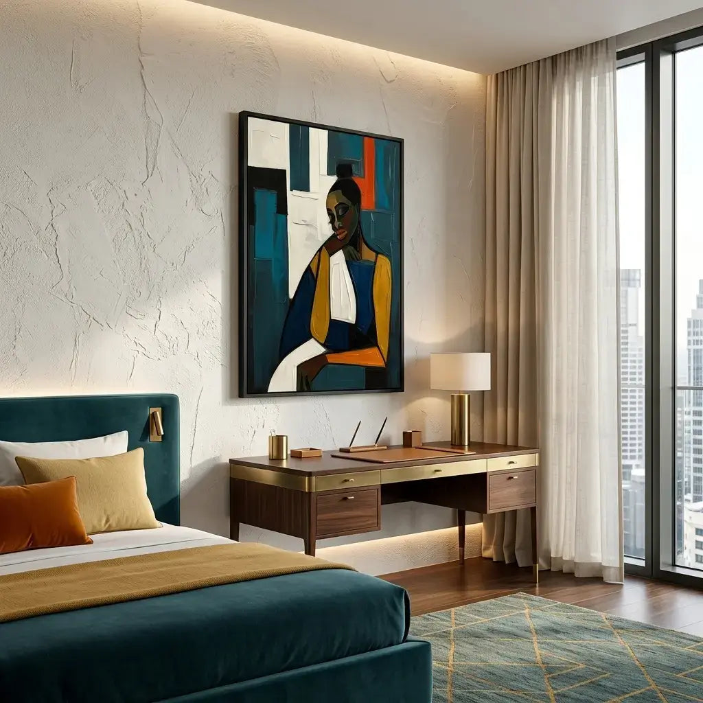 Modern bedroom with teal bed, wooden desk, and abstract art on the wall.