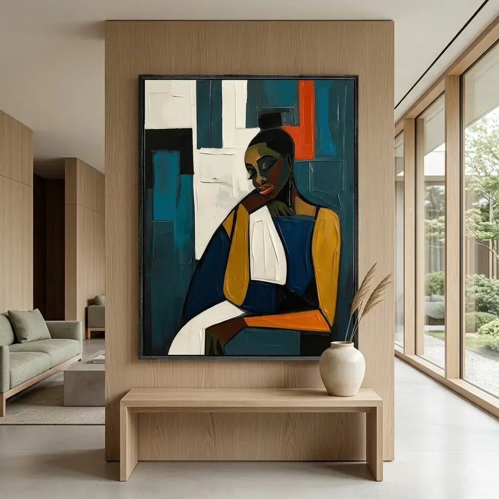 Modern living room with a large abstract painting on the wall.