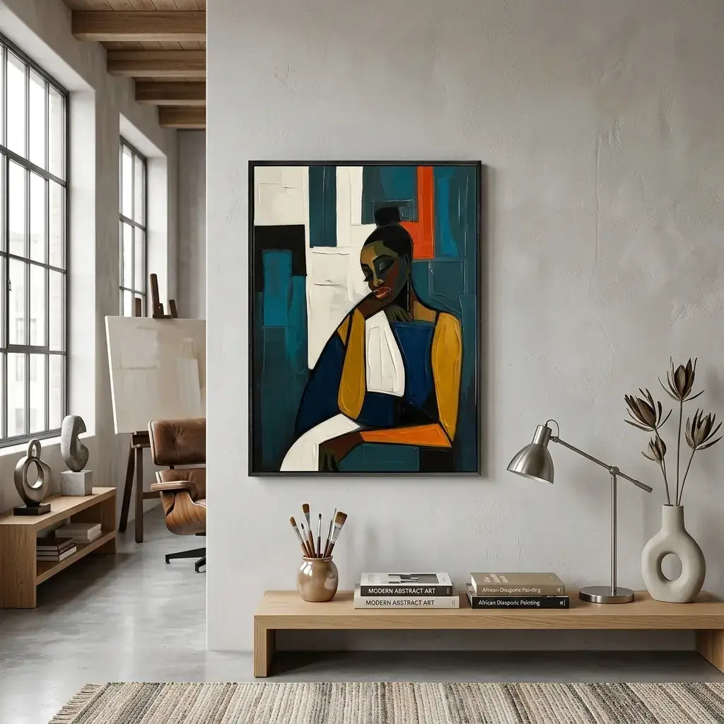 Modern interior with abstract painting of a woman on the wall, books, and decorative items.