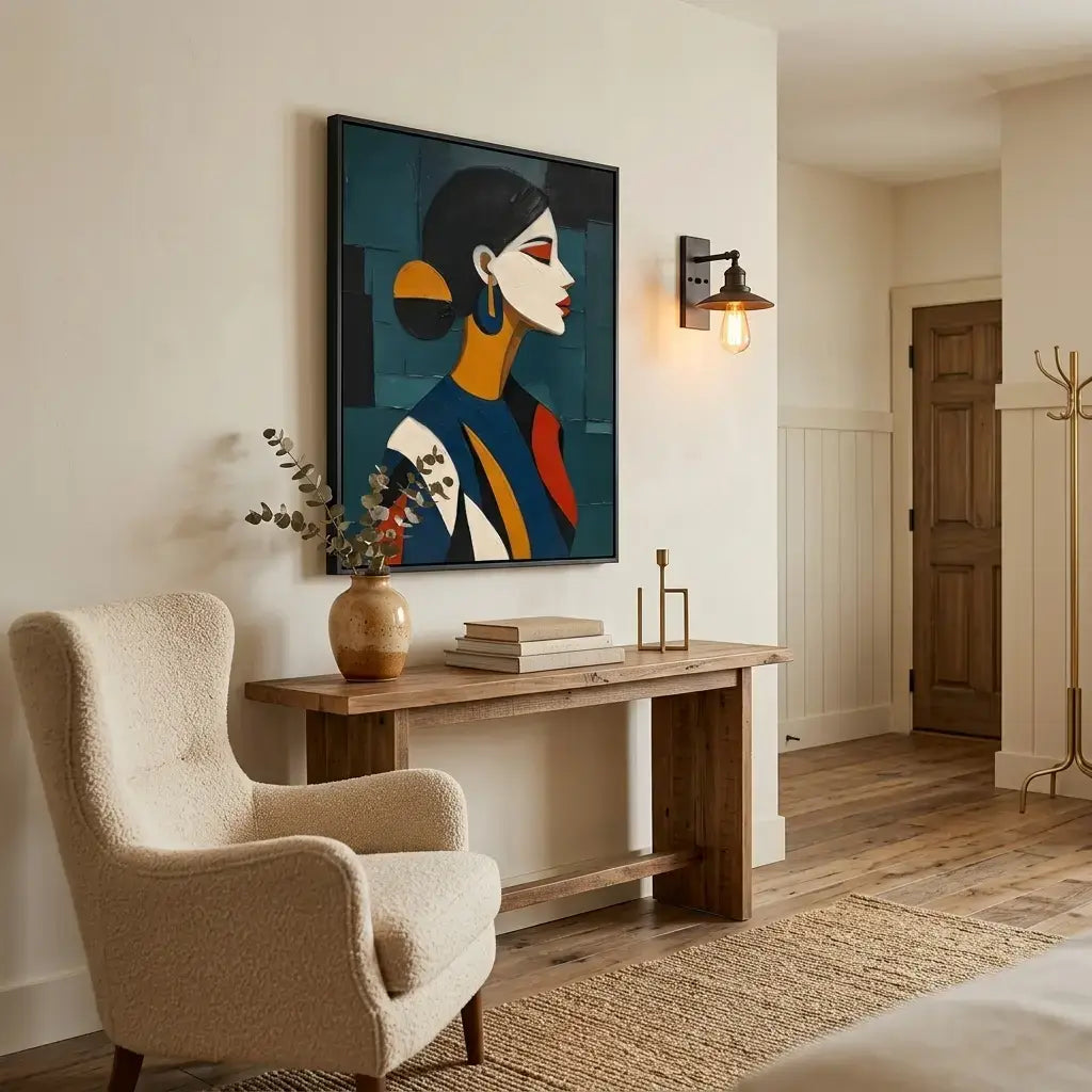 Modern interior with a textured armchair, wooden console table, and abstract artwork on the wall.