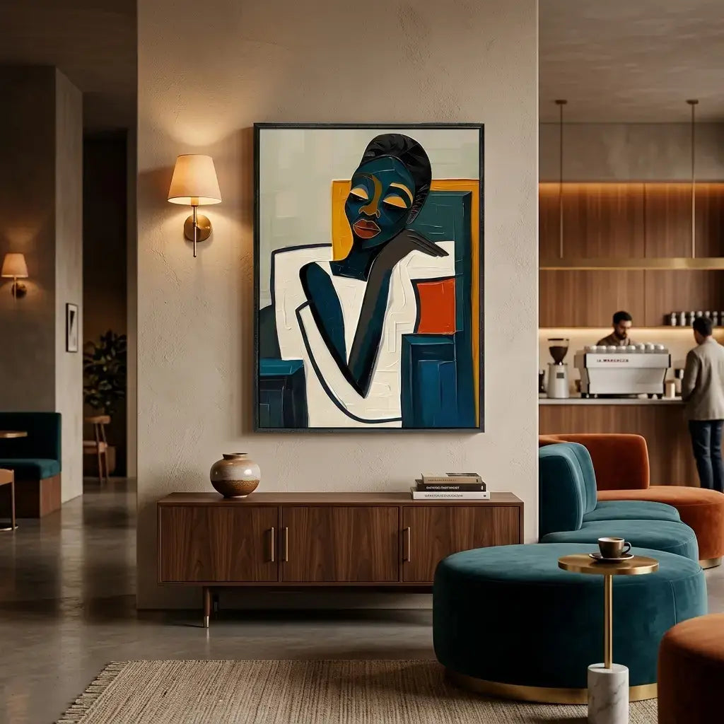 Modern living room with a large abstract painting on the wall, wooden cabinet, and comfortable seating.