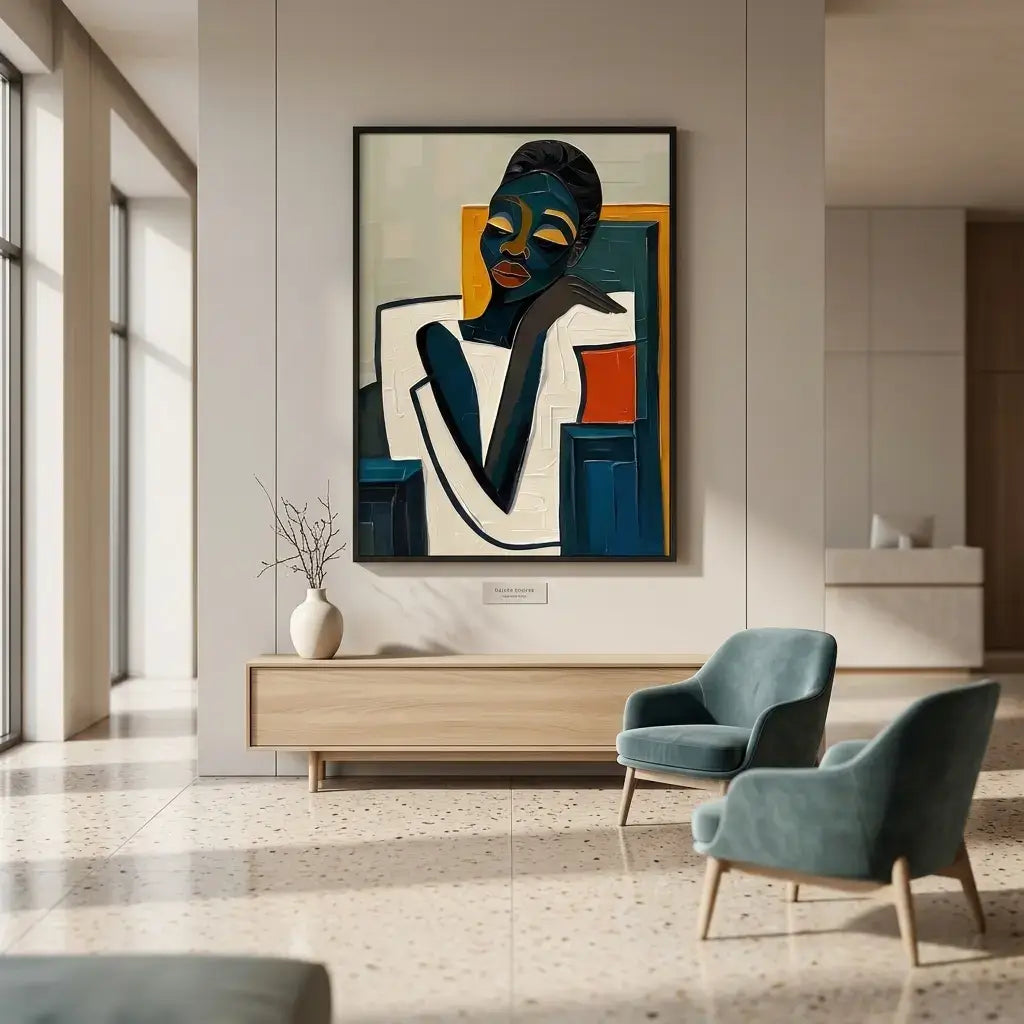 Modern interior with abstract artwork on the wall and two blue chairs.
