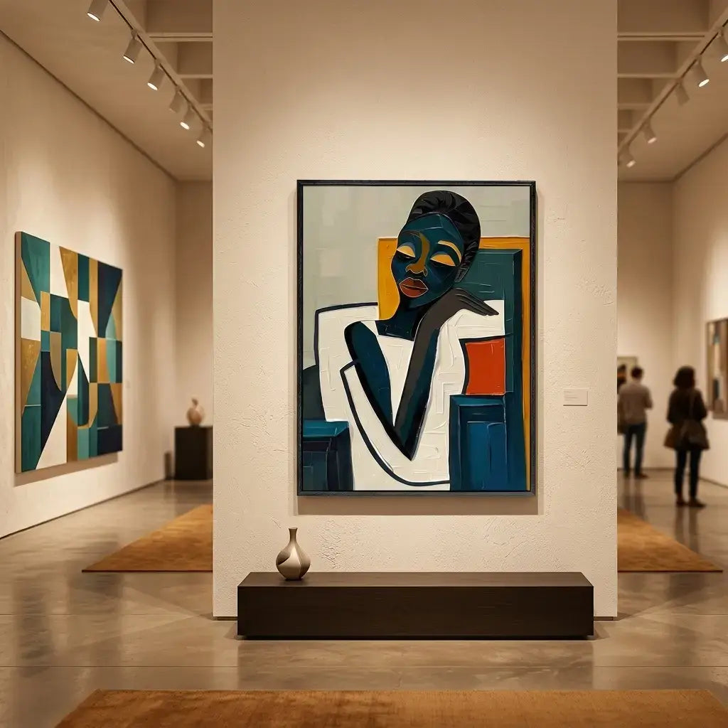 Art gallery with abstract artwork on the walls