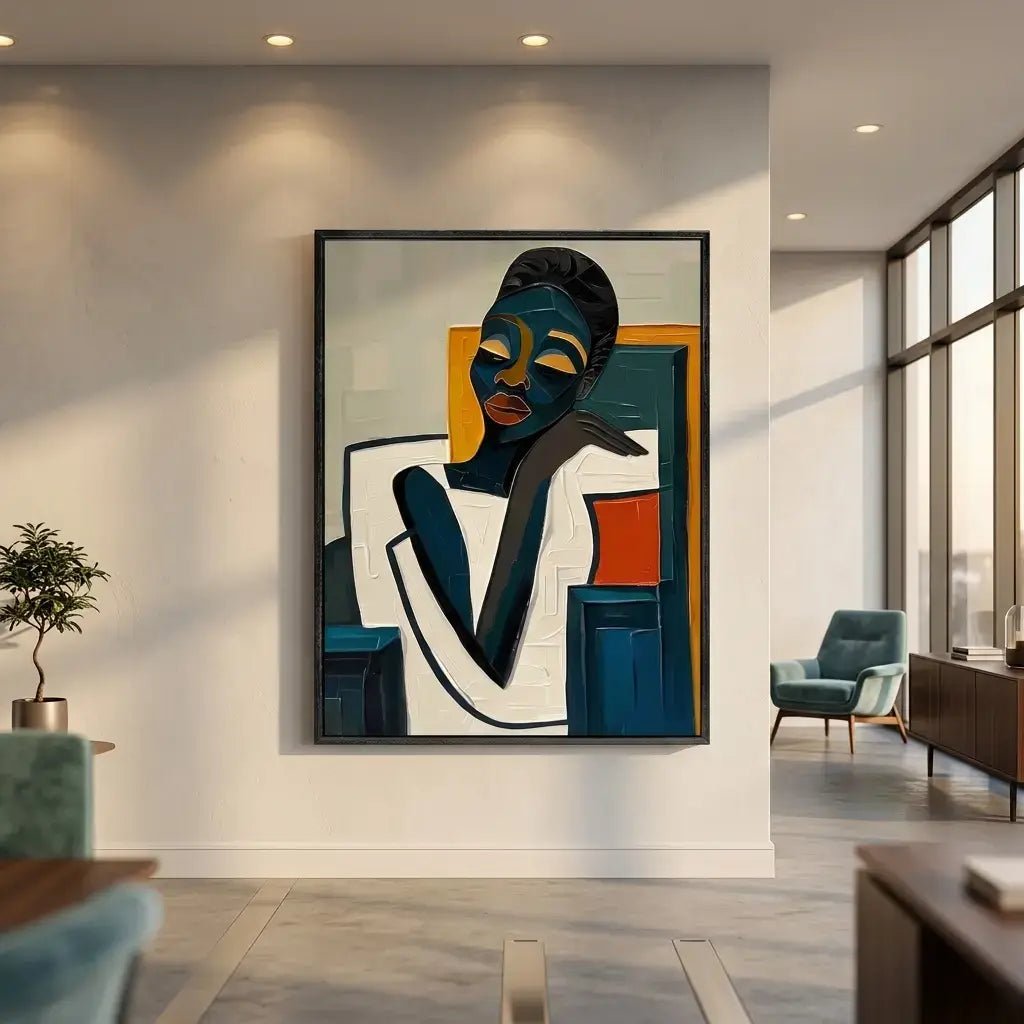 Abstract painting of a face in a modern living room