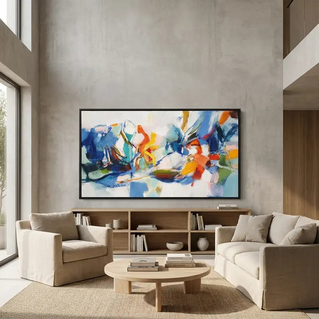 Modern living room with a colorful abstract painting on the wall.