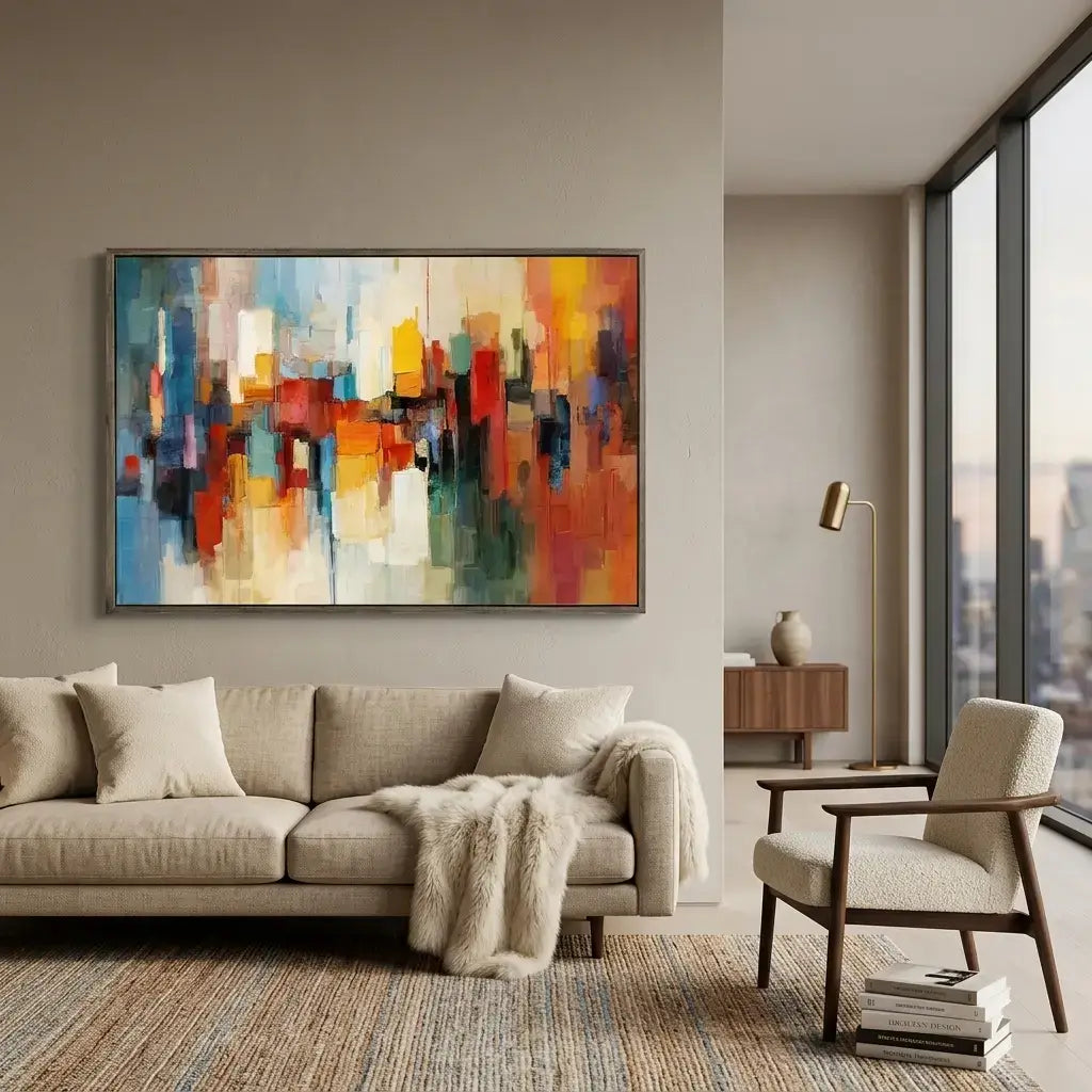 Modern living room with a colorful abstract painting on the wall, beige sofa, and armchair.