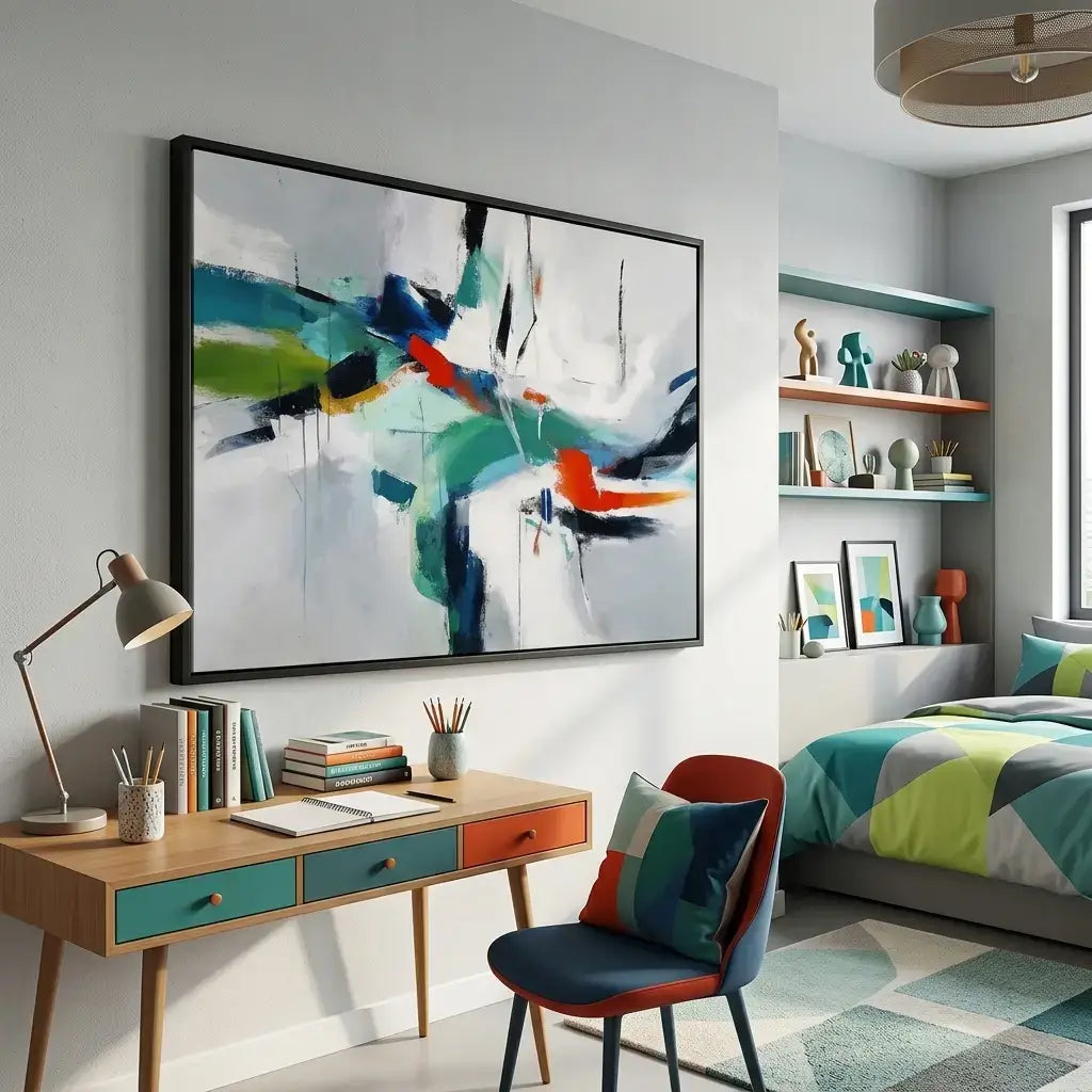 Modern bedroom with a colorful abstract painting, desk, and bed.
