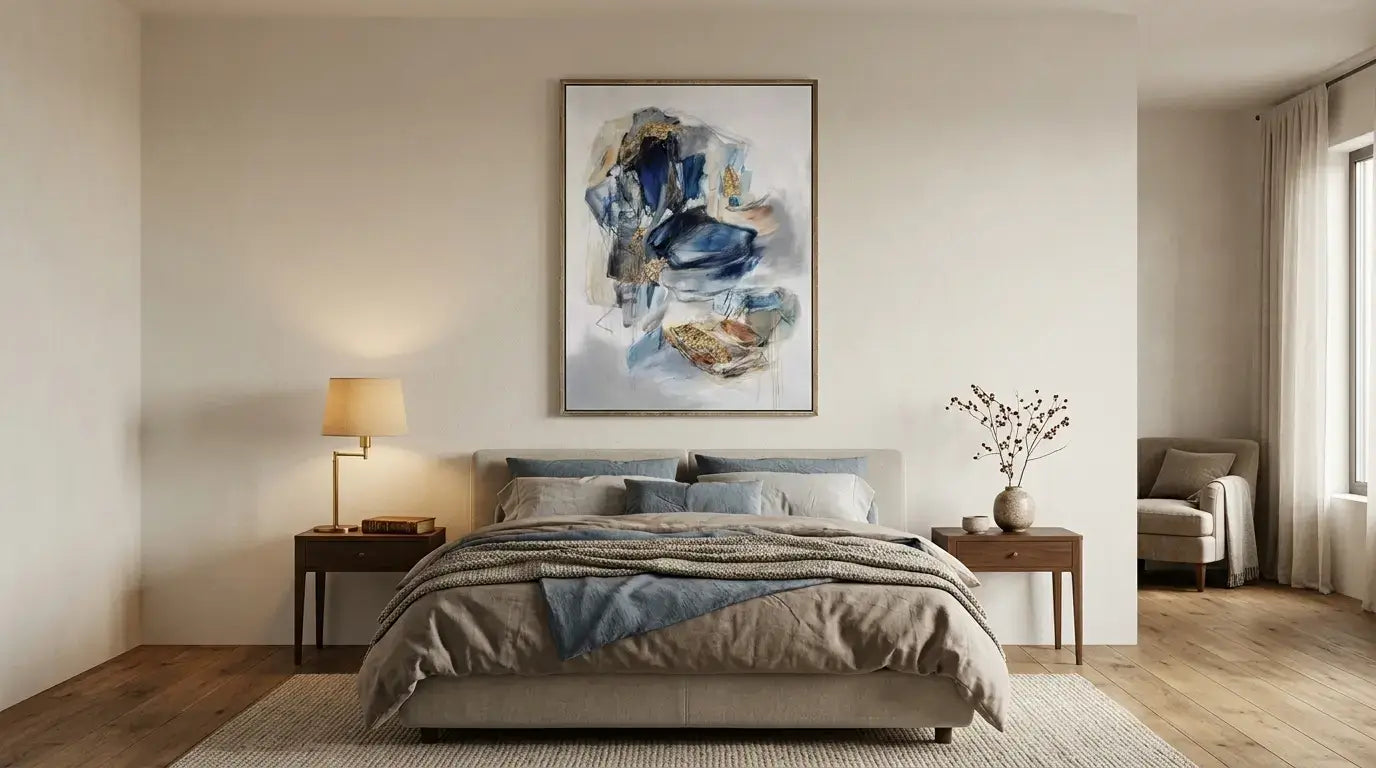 Modern bedroom with a bed, nightstands, and abstract art on the wall.