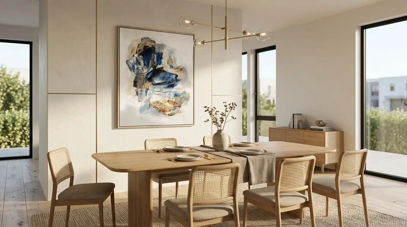 Modern dining room with wooden table and chairs, large windows, and abstract art on the wall.