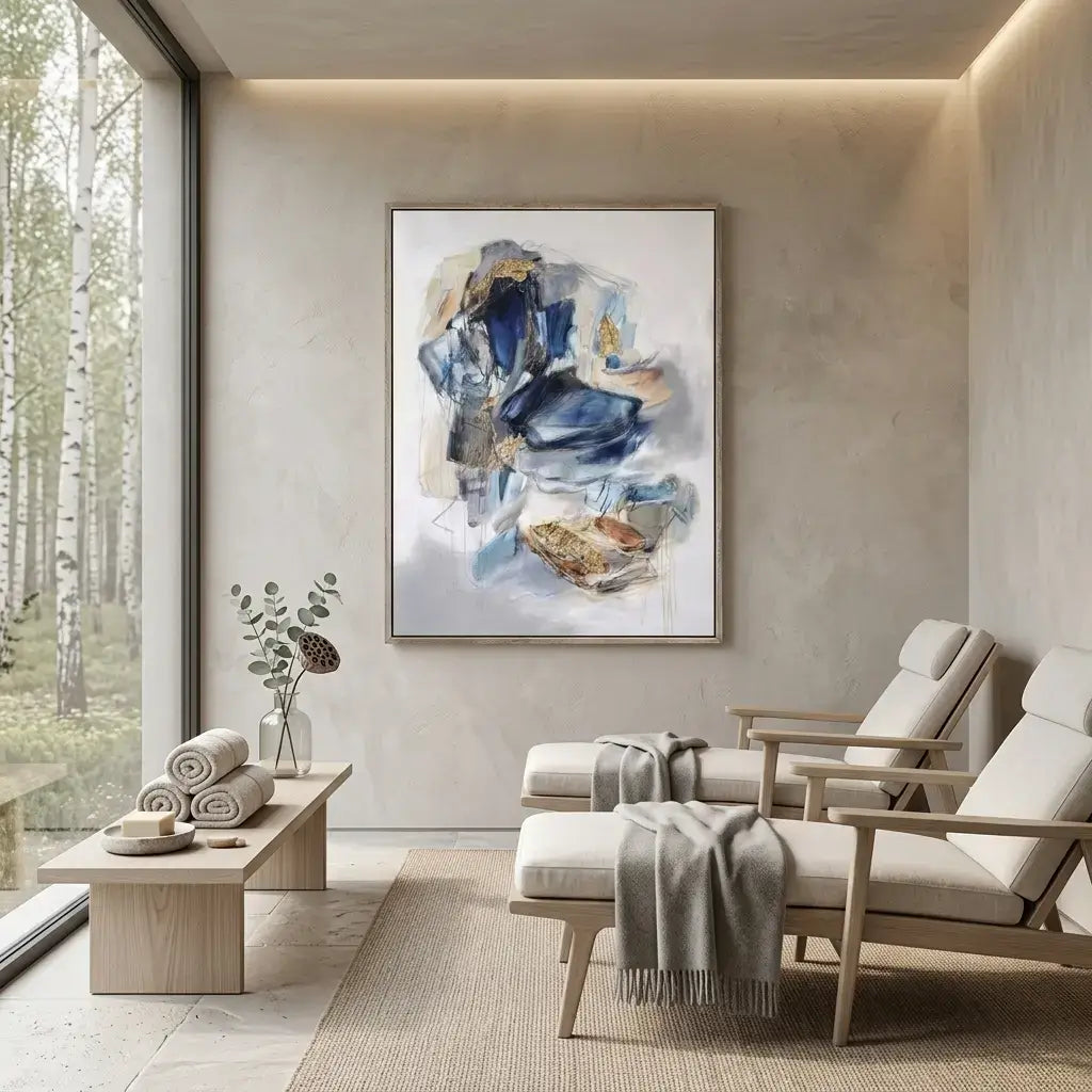 Modern living room with abstract painting, chairs, and a view of trees.