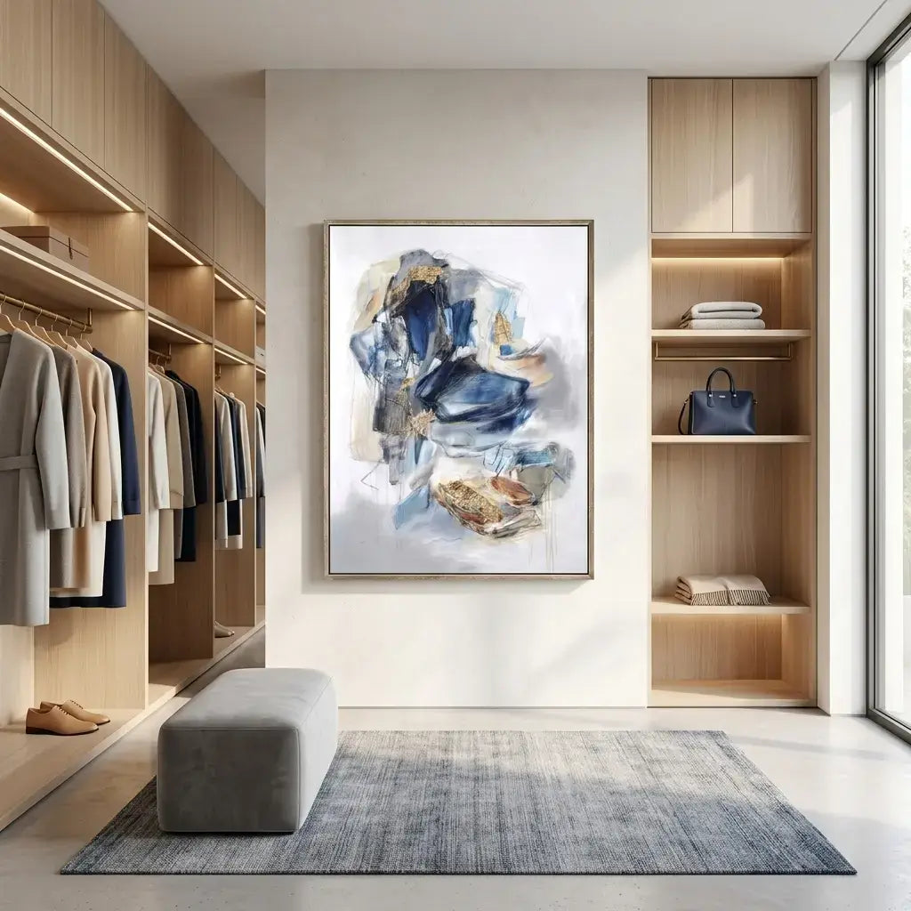 Modern walk-in closet with wooden shelves, clothes, abstract art, and a rug.
