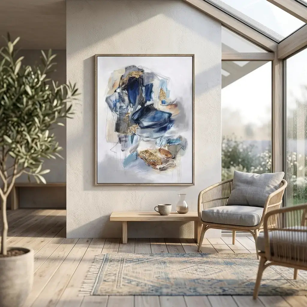Modern living room with abstract art, chairs, and a plant