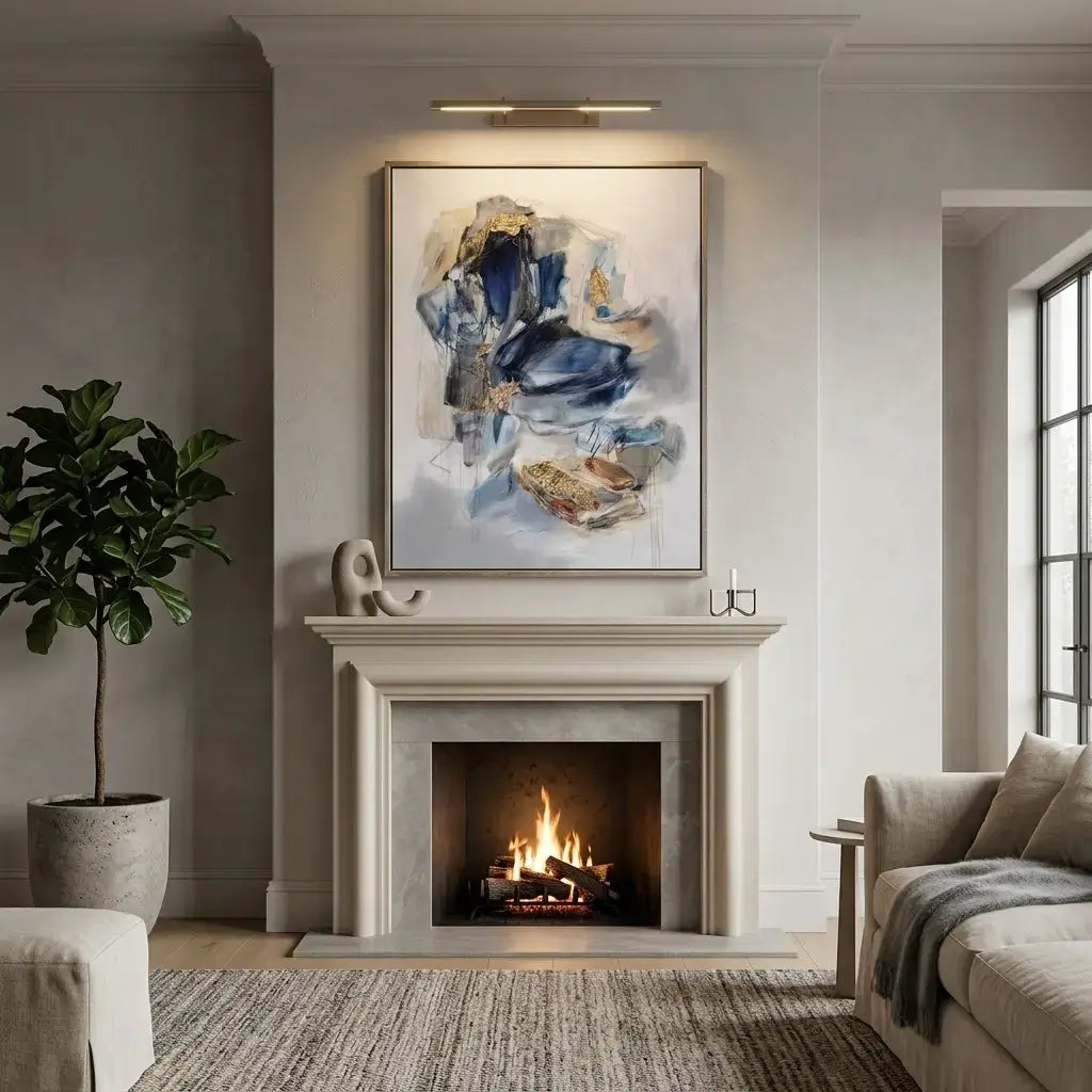 Living room with fireplace, abstract art, and plants