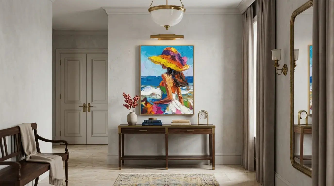 Decorative interior with a colorful painting of a woman in a hat on a wall above a wooden desk.
