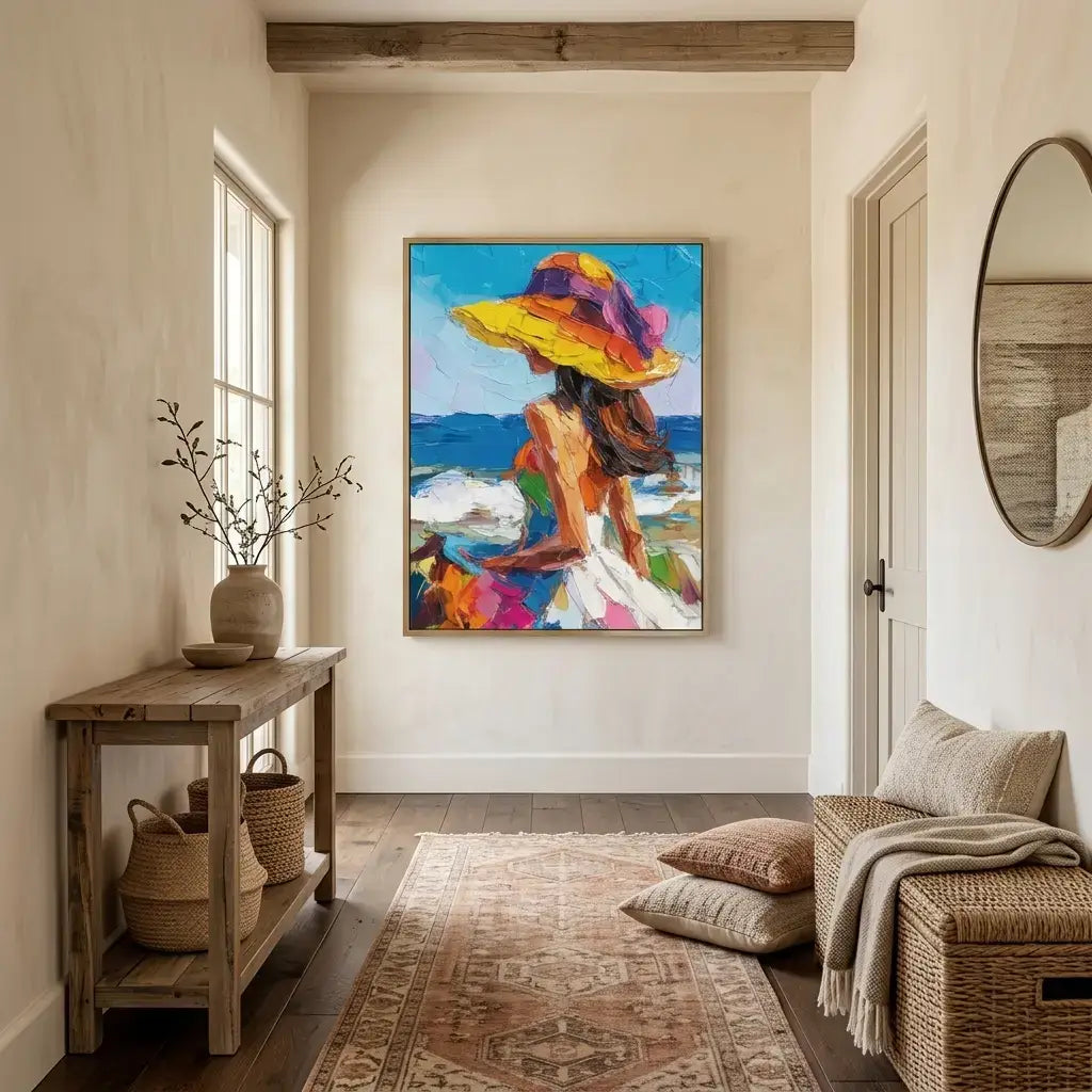 Colorful painting of a woman in a hat in a living room setting with a wooden table and rug.