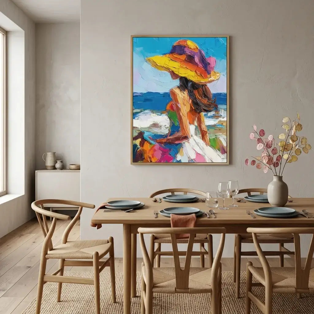 Dining room with a colorful painting of a woman in a hat on the wall above a wooden table.
