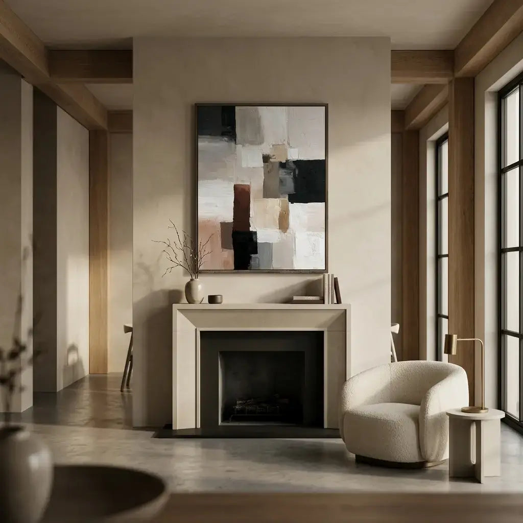 Modern living room with a fireplace, abstract mirror, and armchair.