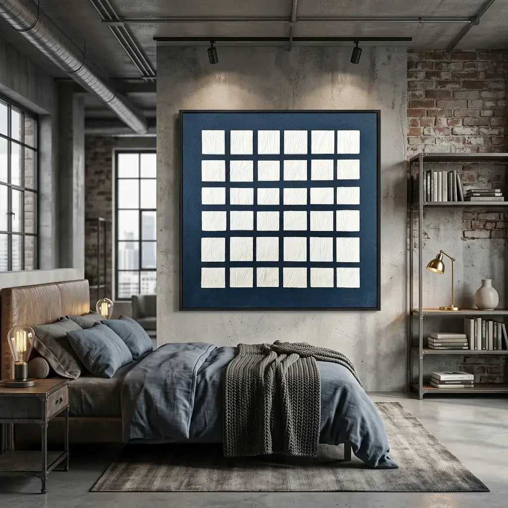 Modern bedroom with a large framed abstract art piece on the wall.
