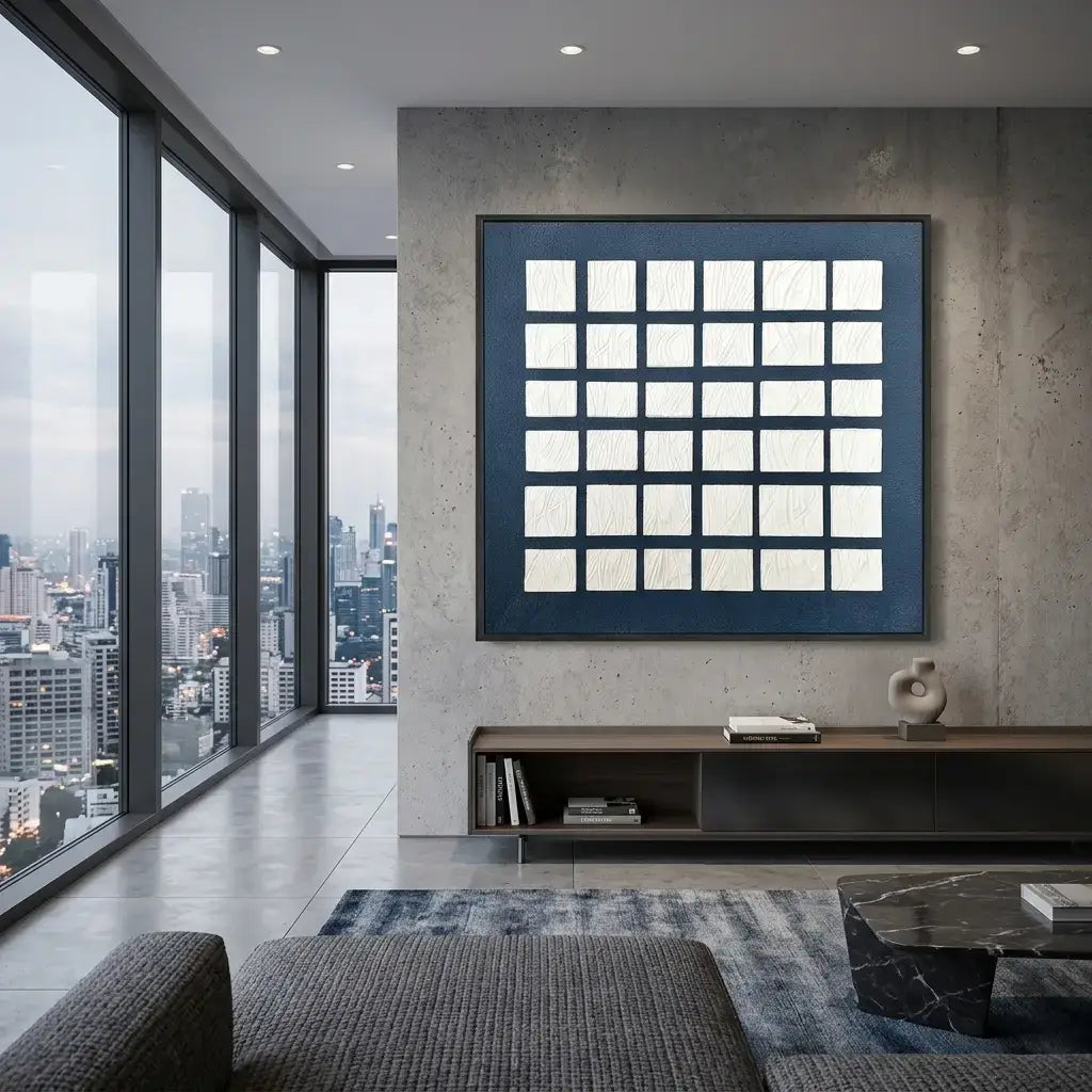 Modern living room with large windows, a decorative wall art piece, and a cityscape view.