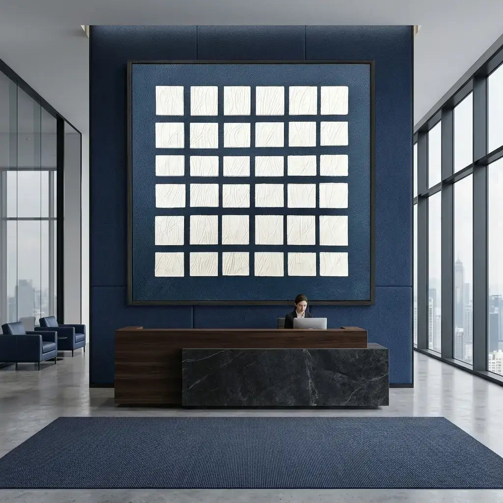 Modern office interior with a large blue wall, reception desk, and cityscape view.