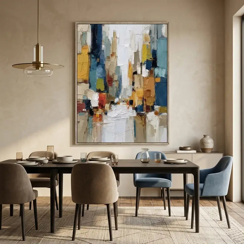 Dining room with a large abstract painting on the wall above a table with chairs.