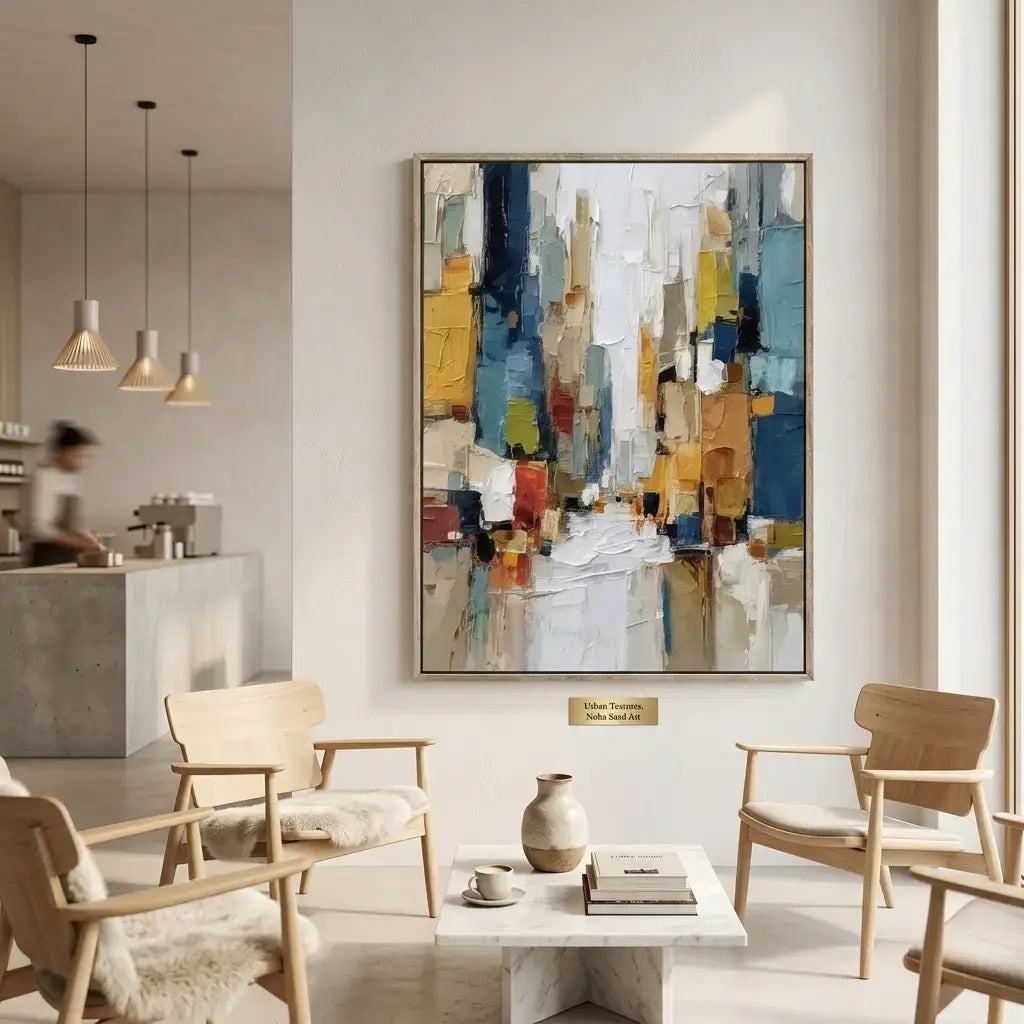 Modern living room with abstract art on the wall, wooden chairs, and a coffee table.