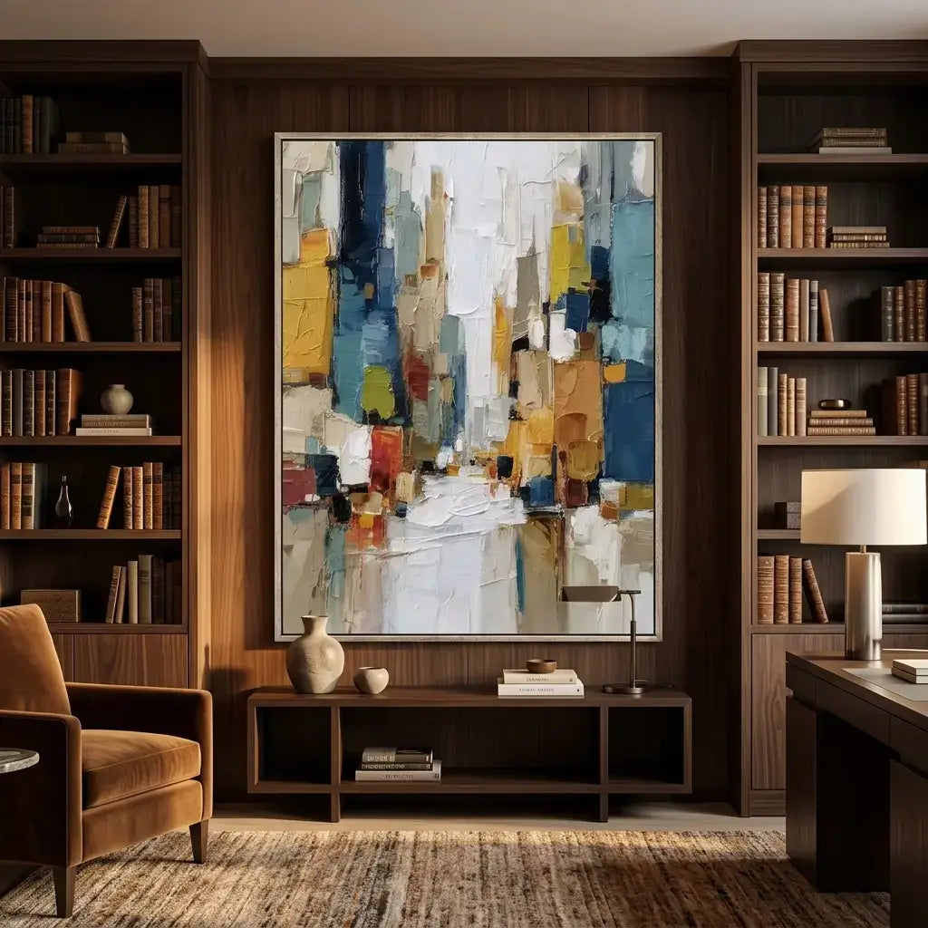 Modern living room with abstract art, bookshelves, and a chair.