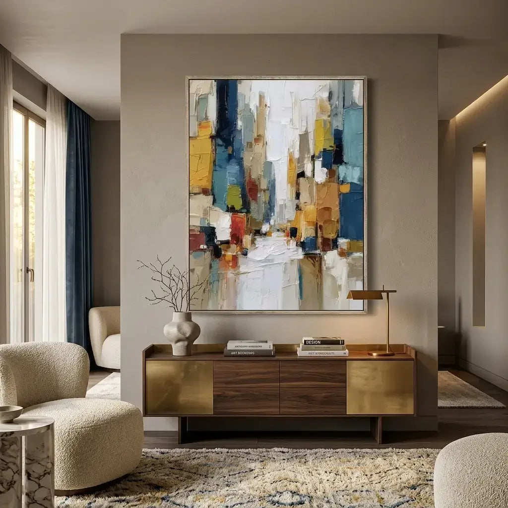 Modern living room with abstract painting, wooden console table, and armchair.