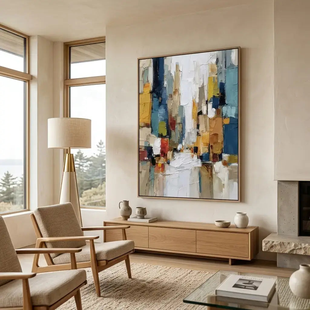 Modern living room with abstract art, wooden furniture, and natural light.
