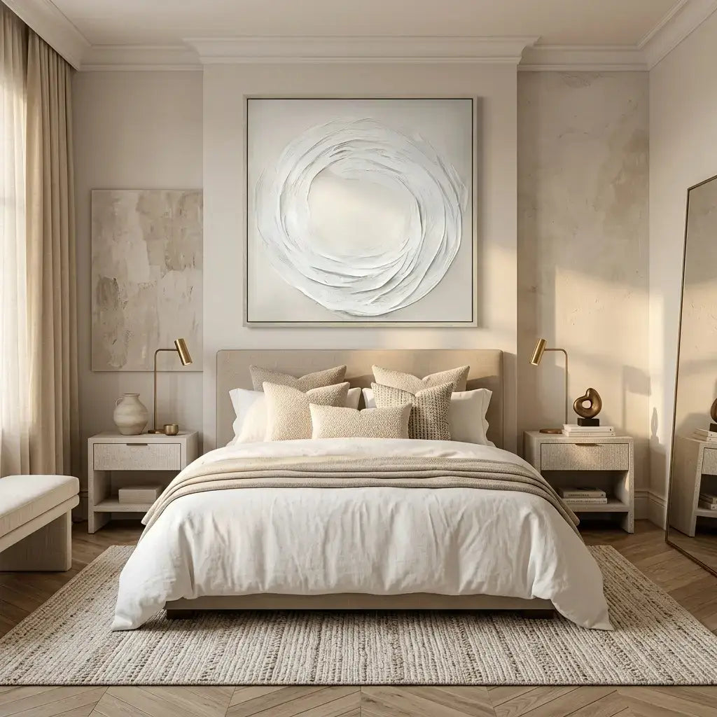 Neatly made bed in a stylish bedroom with abstract wall art and side tables.