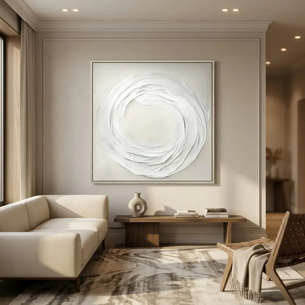 Modern living room with abstract wall art, sofa, and coffee table.