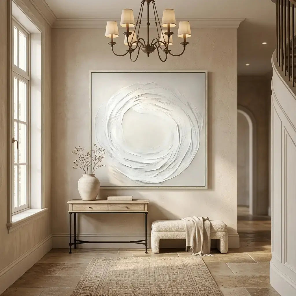 Elegant interior with a large abstract painting, console table, and chandelier.
