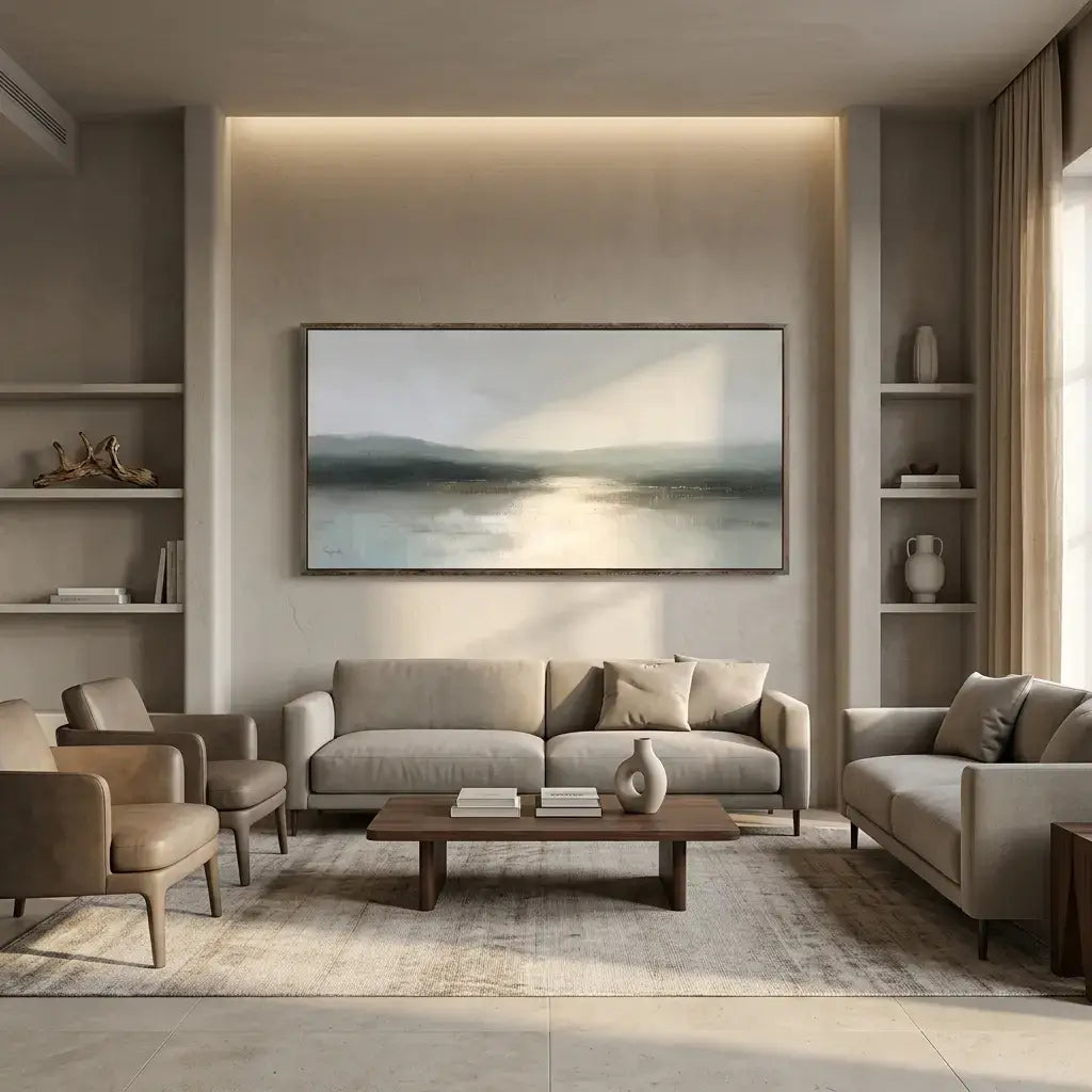 Misty Lake Shore Landscape Painting