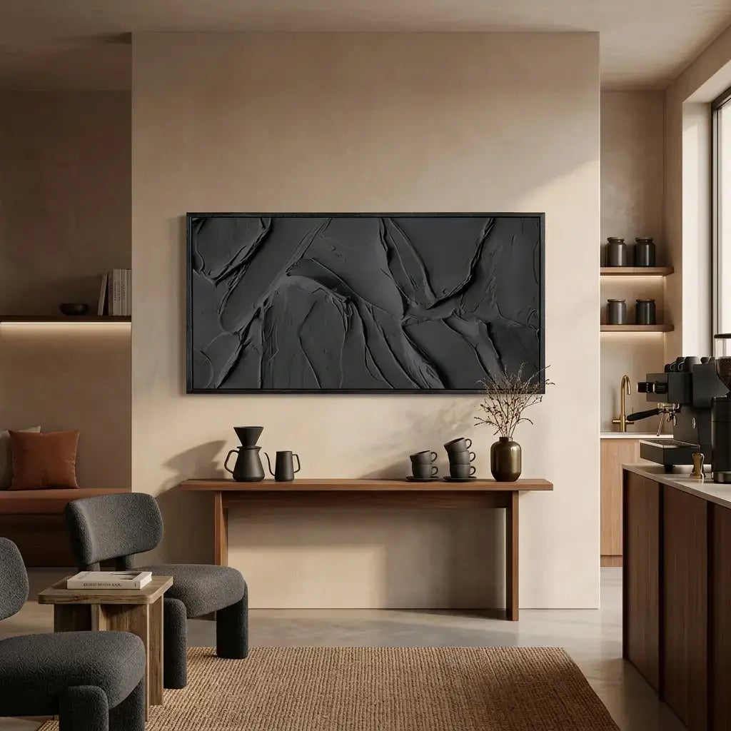 Modern living room with a large abstract painting on the wall, wooden console table, and coffee bar.