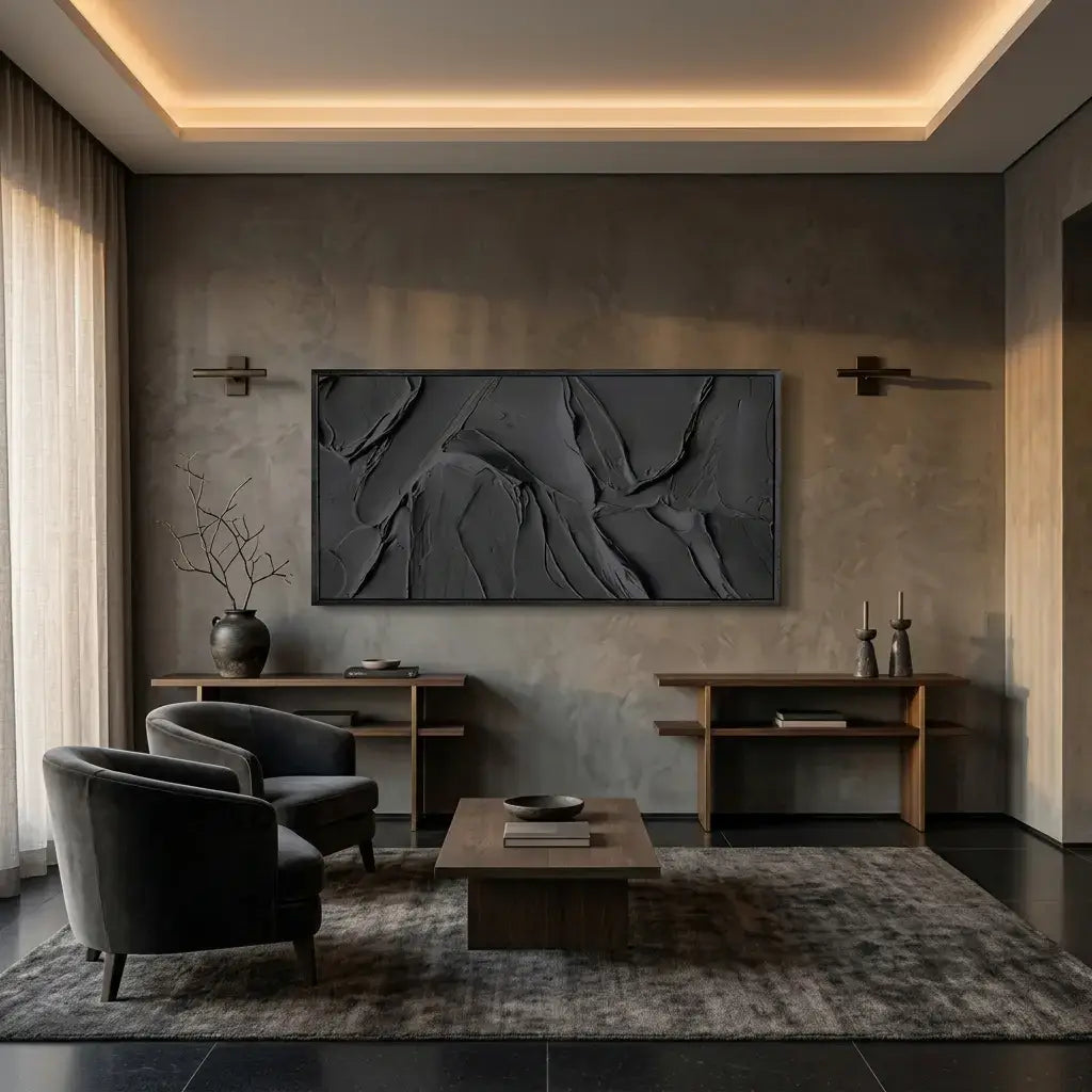 Modern living room with abstract wall art, dark gray chairs, and wooden coffee table.