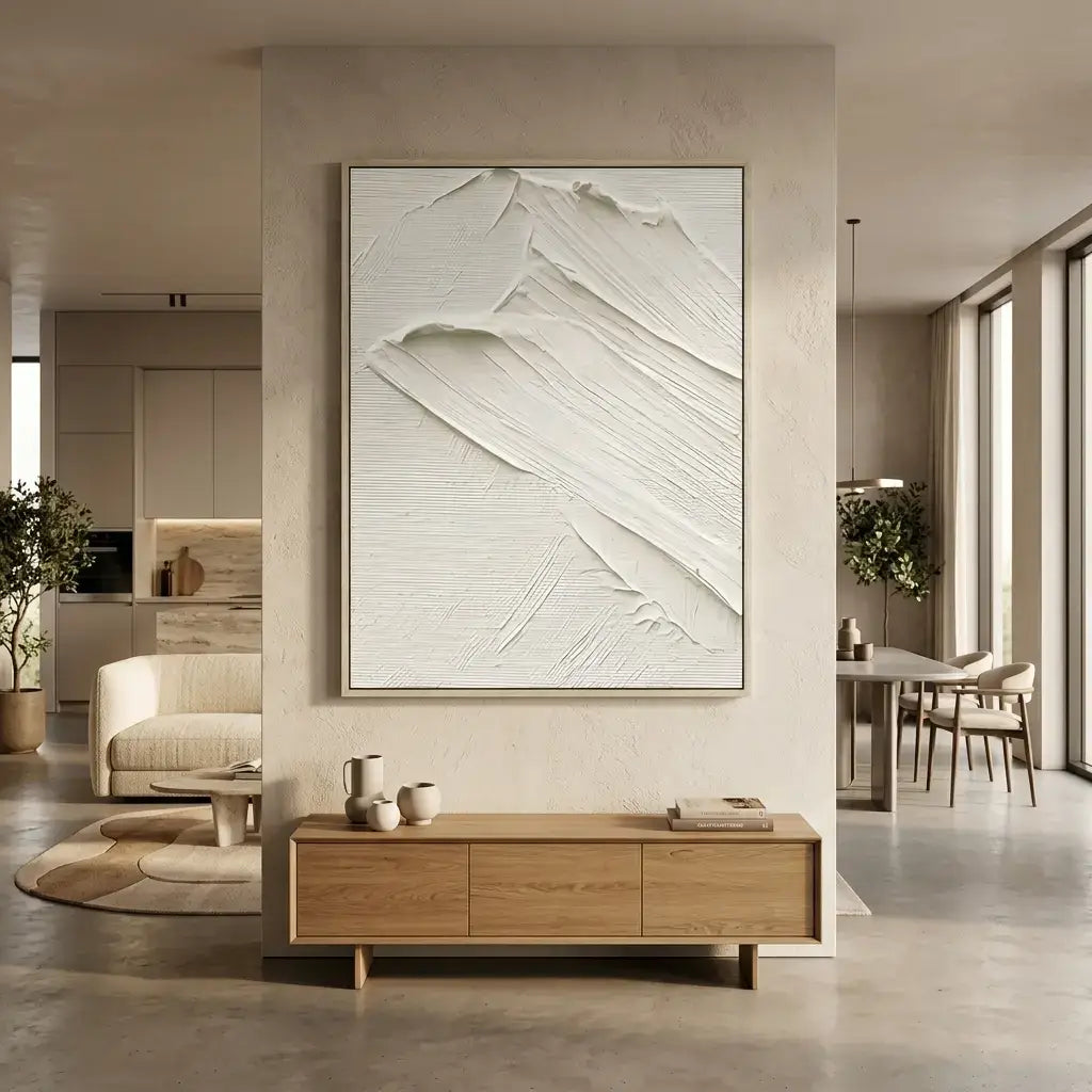 Modern living room with abstract artwork on the wall and wooden furniture.