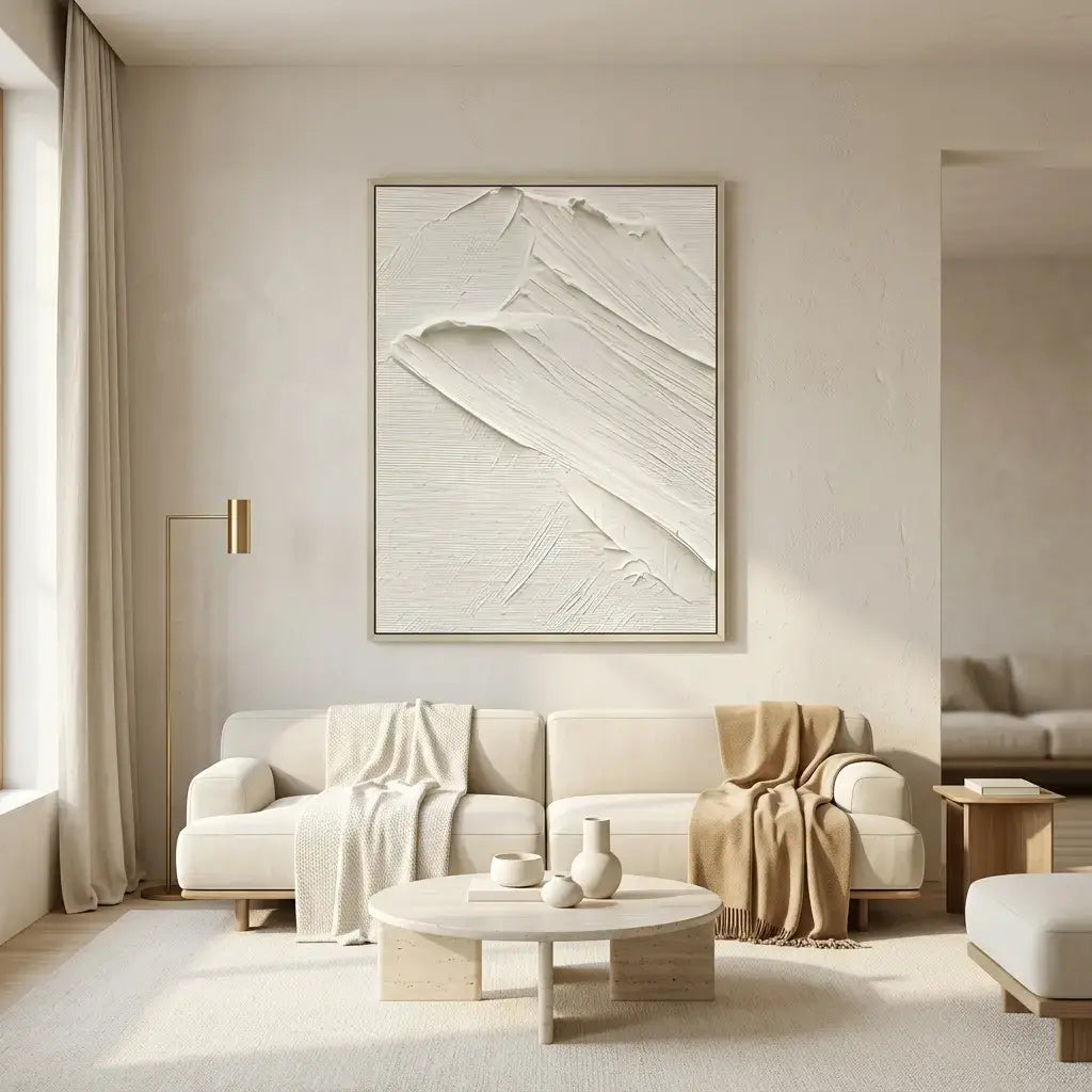 Modern living room with neutral tonal sofas and upholstery
