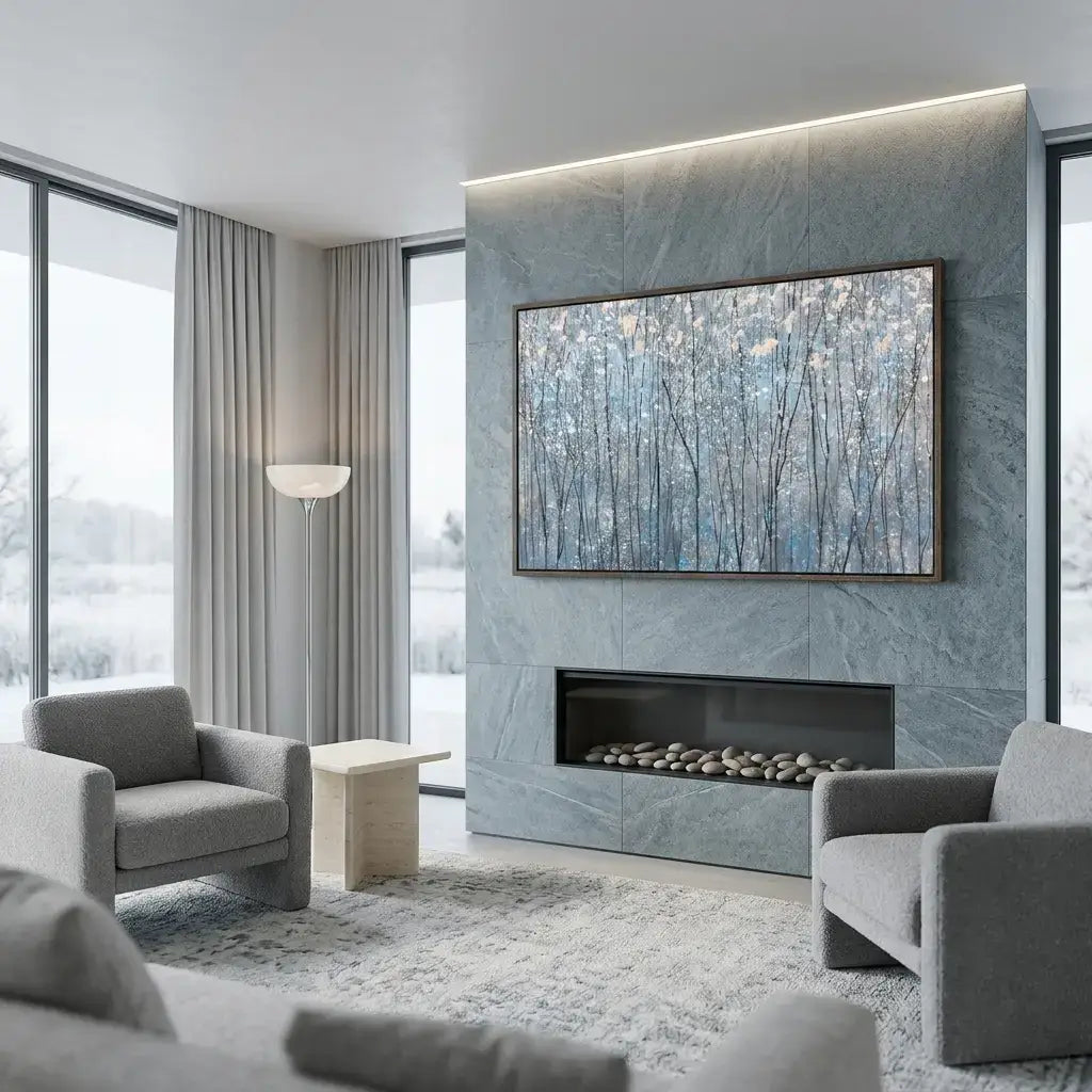 Modern living room with gray chairs, a fireplace, and a large abstract painting.