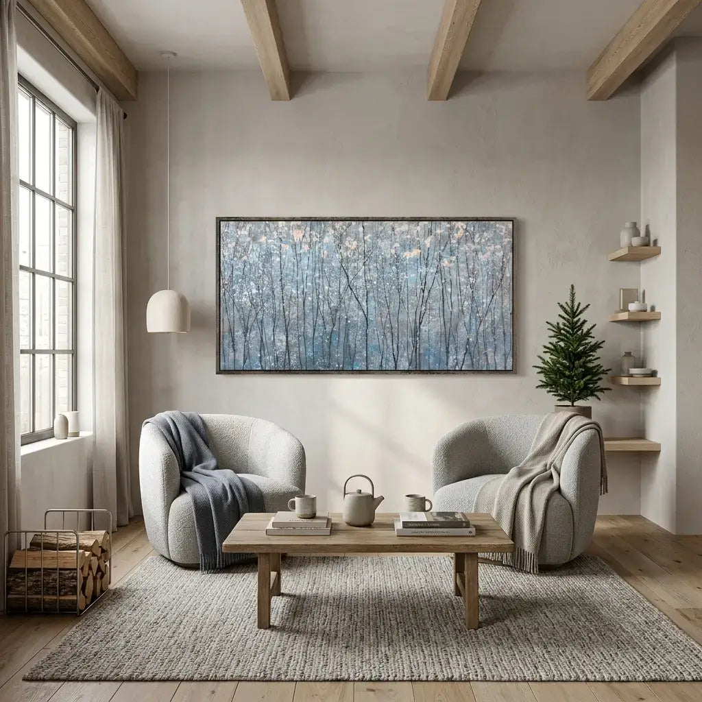 Modern living room with two armchairs, a coffee table, and a large wall art piece.