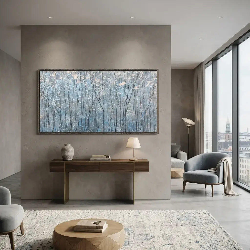Modern living room with a large abstract painting on the wall, a console table, and a sofa.