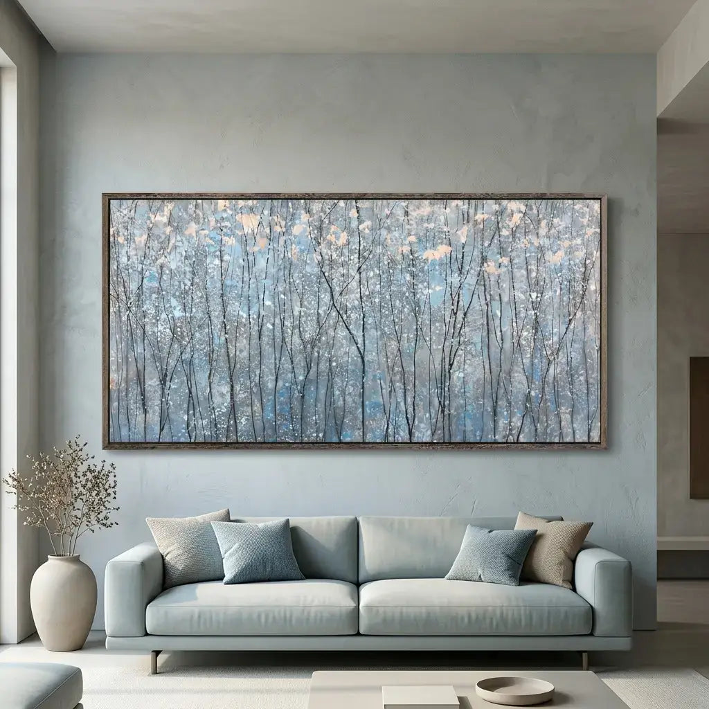 Living room with a large abstract painting of trees on a gray wall above a light gray sofa.