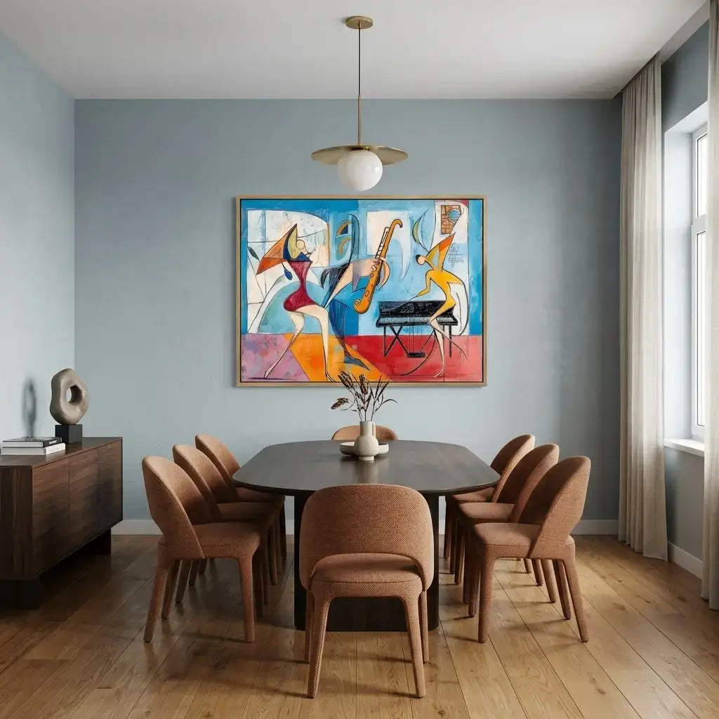 Dining room with a colorful abstract painting on the wall, wooden table, and chairs.