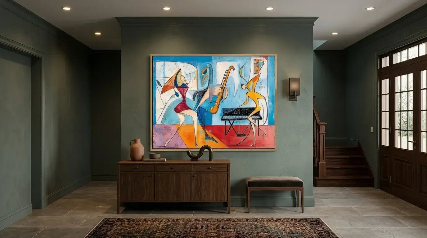 Modern interior with a colorful abstract painting on a gray wall.