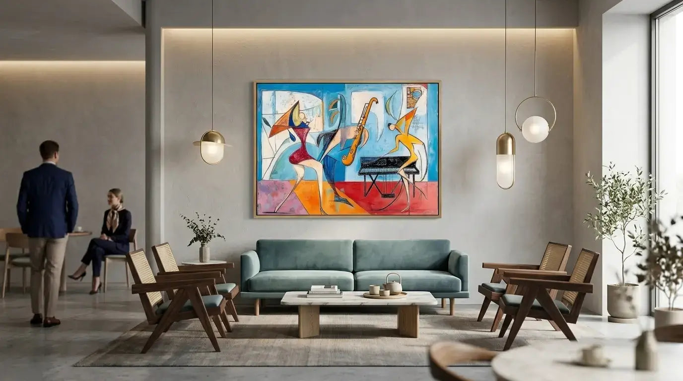 Modern living room with a colorful abstract painting on the wall