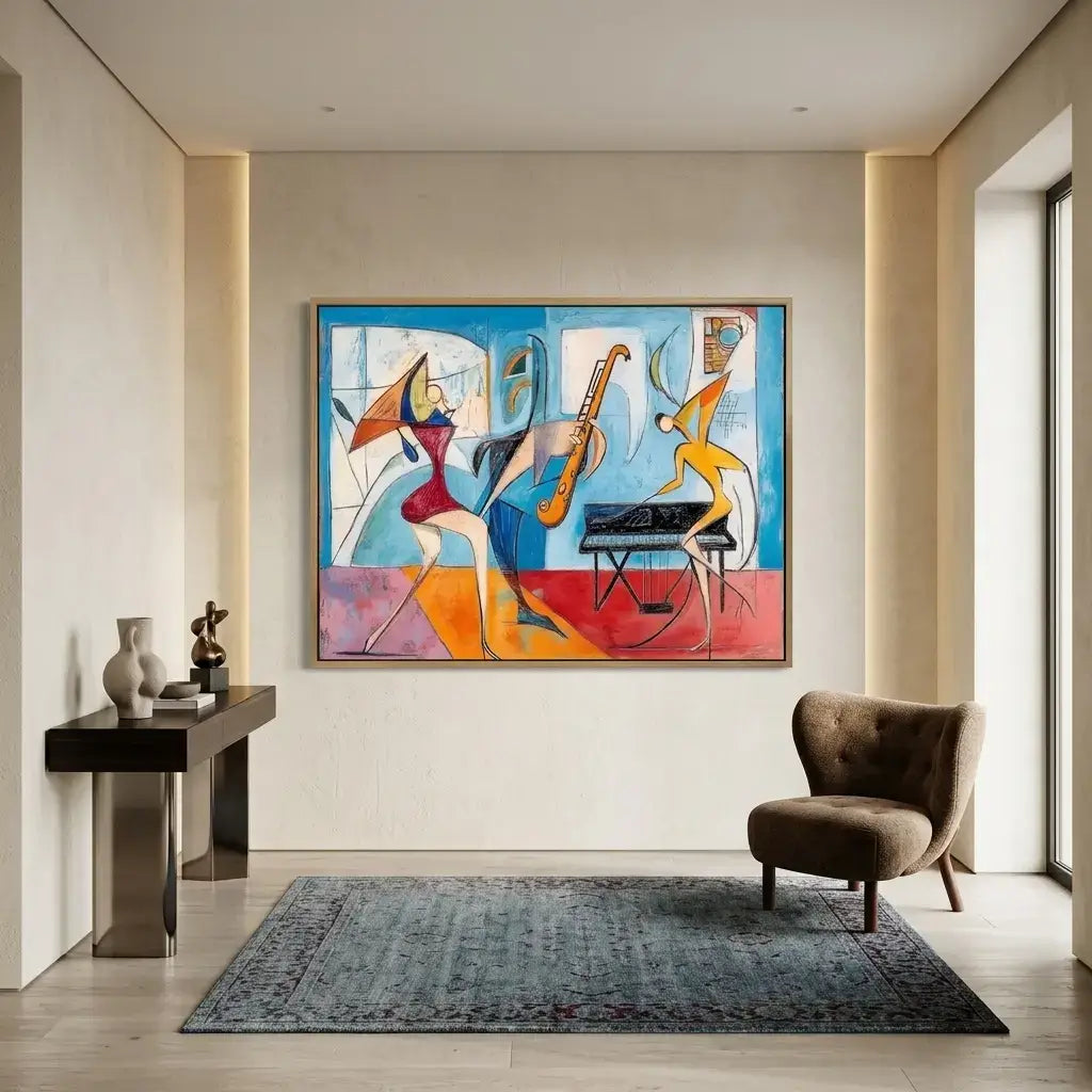 Modern living room with abstract artwork on the wall, a chair, and a side table.