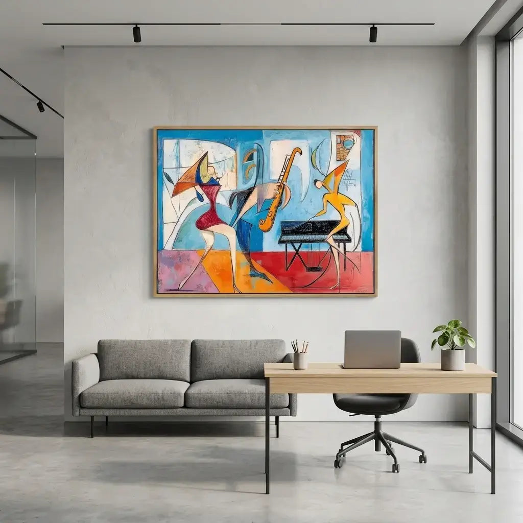 Modern office interior with a colorful abstract painting on the wall.